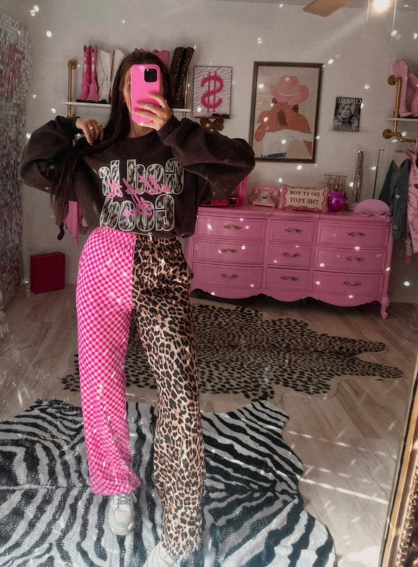 PREORDER baby & kids double trouble pants in leopard + pink checkered